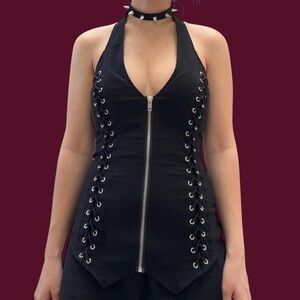 OHYES FASHION BLACK LACE UP DETAIL ZIP FRONT SLEEVELESS HALTER NECK TANK TOP